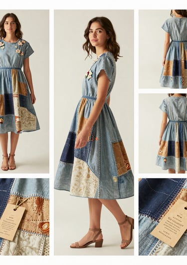 A model wearing a flowy, upcycled dress in a sunlit field, embodying effortless style.