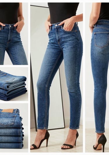 Close-up of a pair of well-crafted, eco-friendly denim jeans hanging on a rustic rack.