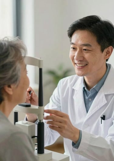 A warm editorial photograph of a friendly visual specialist guiding an elderly woman through a visual screening, soft natural daylight, shallow depth of field, 35mm