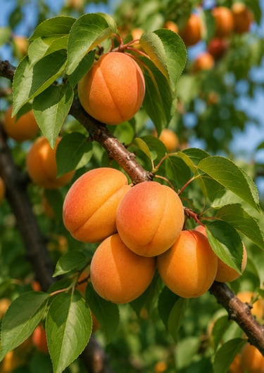 A cluster of ripe, orange apricots hanging from a leafy tree branch in a sunny orchard.