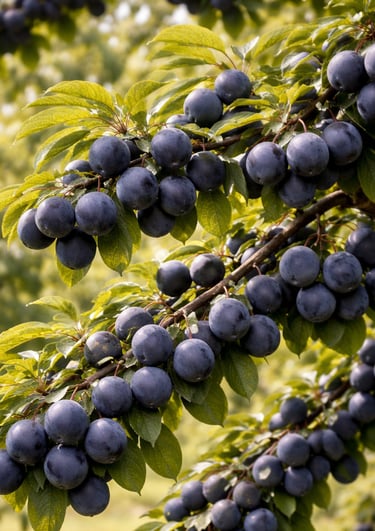 A cluster of ripe purple bullace plums hanging from a tree branch in a sunlit fruit orchard.
