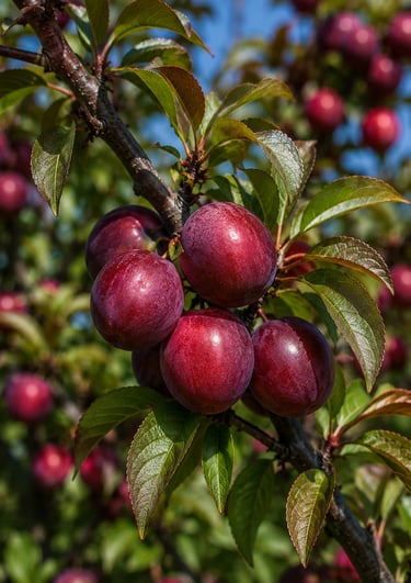 A cluster of red cherry plums hanging from a fruit tree branch with green leaves in a sunny orchard.