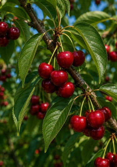 Clusters of ripe red cherries hanging from a leafy tree branch in a sunny orchard.