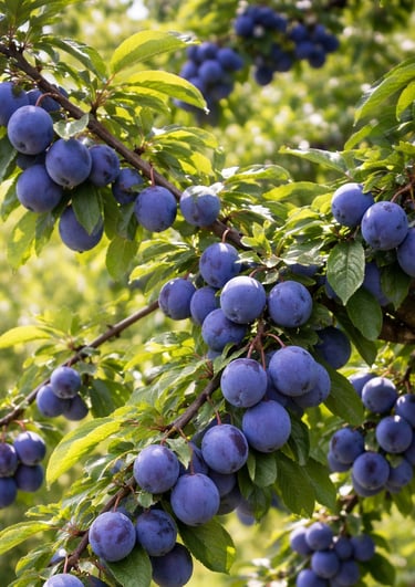 Ripe blue damson plums hanging from a leafy tree branch in a sunny orchard.