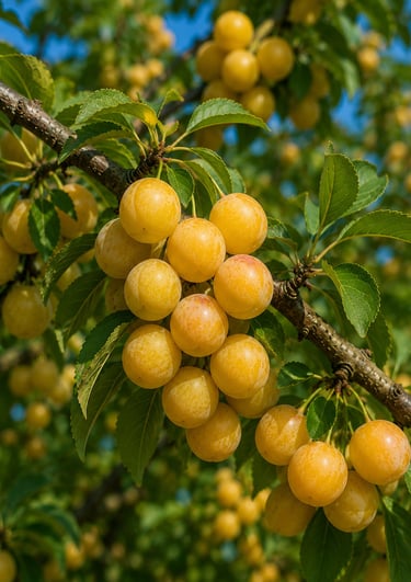 A cluster of ripe yellow mirabelle plums hanging from a fruit tree branch with green leaves.