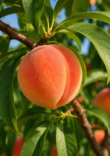 A ripe, fuzzy peach hanging from a tree branch surrounded by green leaves in a sunny orchard.