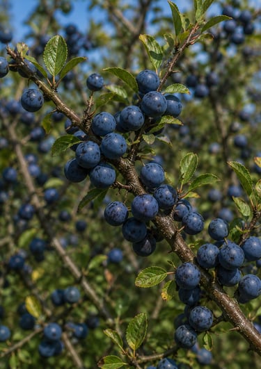 Ripe blue sloe fruit hanging on a blackthorn bush branch with green leaves.