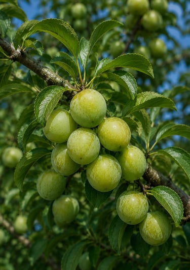Cluster of ripening green dt julien plums hanging from a fruit tree branch with lush leaves.