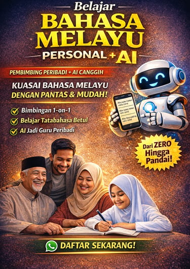 Poster for learning Malay language with AI assistance featuring a robot and a family studying together.