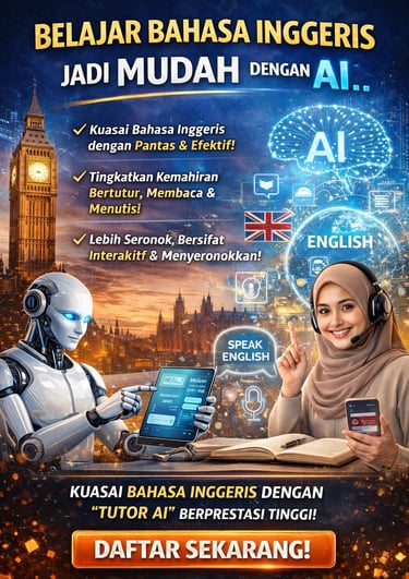 A woman using an AI tutor and robot to learn English online with Big Ben in the background.