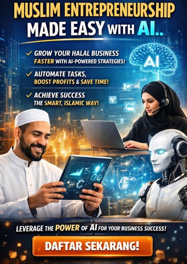 Muslim entrepreneurs using AI and digital tablets to grow a halal business with automated smart technology.