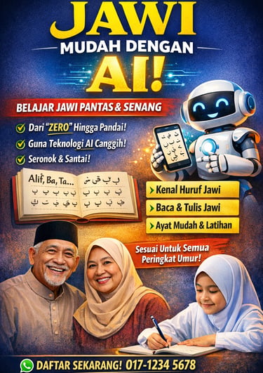 Poster of a Jawi AI learning app with a robot, elderly couple, and child studying the Jawi alphabet.