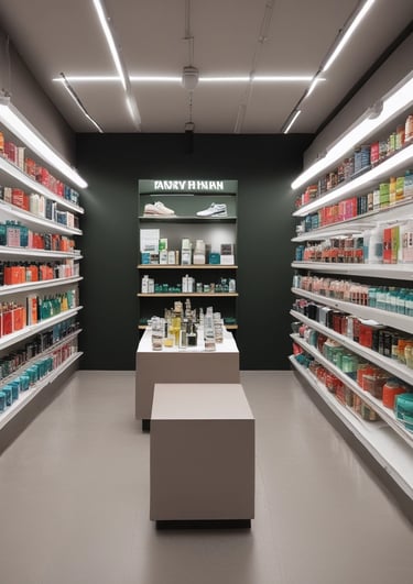 A vibrant display of original sneakers, caps, and perfume bottles arranged invitingly on a wooden table.