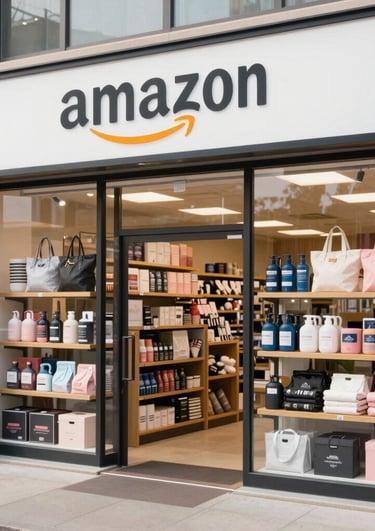 A sleek, modern shopping scene with navy blue and gold accents highlighting premium products on a clean white background.