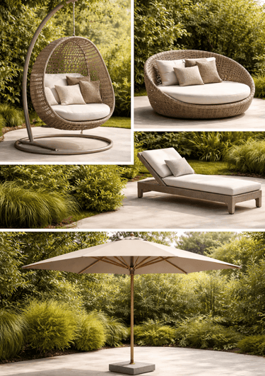 Área externa e lazer: balanços, espreguiçadeiras, conchas, ombrelones. Móveis externos sofisticados 