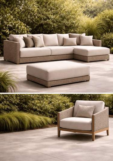 Sofás e conforto: sofás e puffs. Móveis sofisticados para área interna e externa