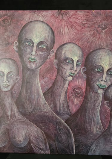 Rencontre du 3ème type - huile sur panneau - Solange Latteur