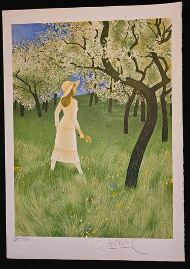 art deco vintage femme aux pommiers en fleurs-Yves Ganne