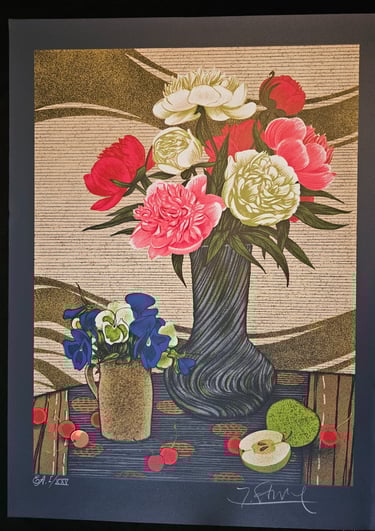 art deco vintage bouquet de pivoines aux cerises- Yves Ganne