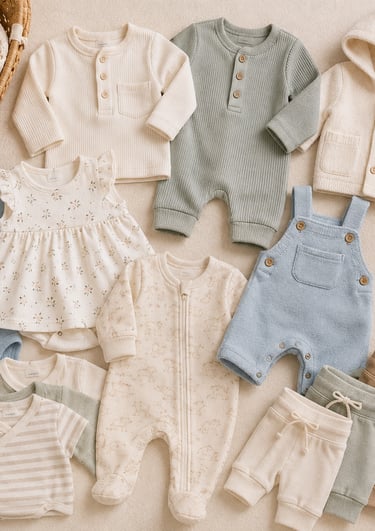 A collection of neutral baby clothes, including ribbed onesies, rompers, and knit sets for newborns.