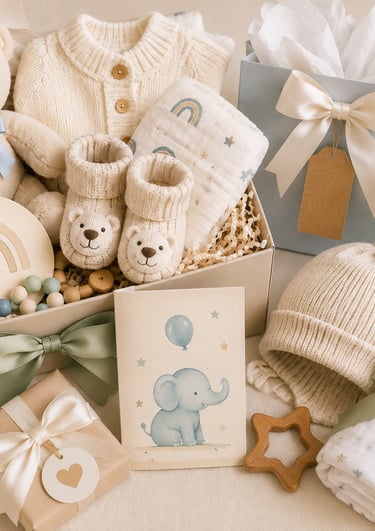 Newborn baby gift box with a plush teddy bear, knitted sweater, booties, and accessories in neutral tones.