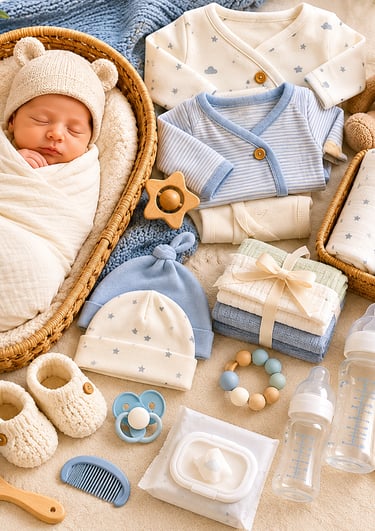 Flat lay of newborn baby essentials including organic cotton swaddles, clothes, and a sleeping infant in a wicker bassinet.