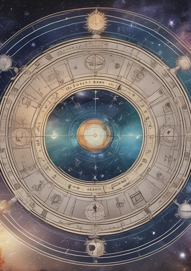 A peaceful scene of an astrology chart drawn on parchment with natural elements around.