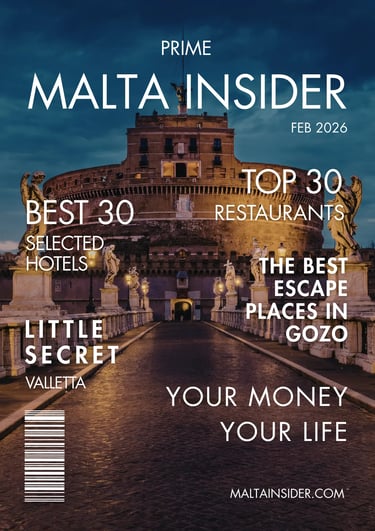 Malta Insider magazine cover featuring Castel Sant’Angelo and travel guides for Gozo and Valletta.