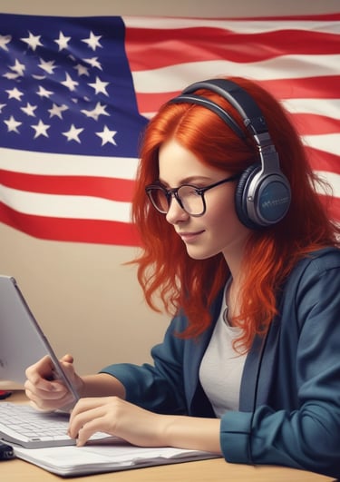 A focused Brazilian student practicing English shadowing with headphones and a bilingual book.