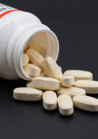 A selection of vitamins and supplements in colorful bottles on a bright background.