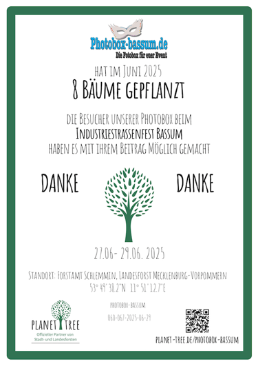 Zertifikat von PLANET TREE über 8 Bäume