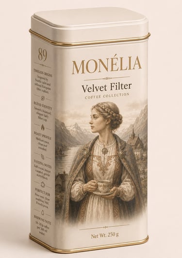 MONÉLIA Velvet Filter premium filter coffee in an ivory 250 g tin with Scandinavian heritage artwork