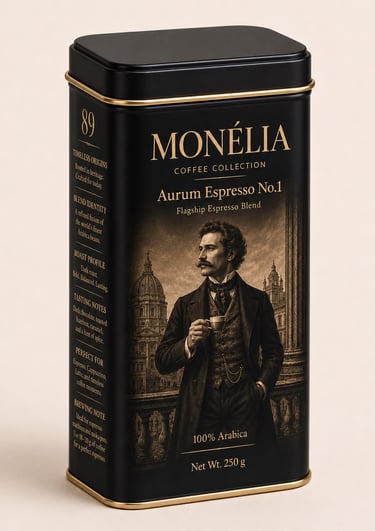 MONÉLIA Aurum Espresso No.1 premium espresso coffee in a black and gold 250 g heritage-inspired tin