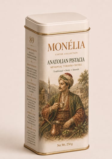ONÉLIA Anatolian Pistacia menengiç Turkish coffee in a 250 g tin with traditional Anatolian artwork