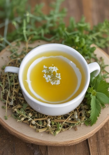Heart-shaped reusable tea infuser resting on a wooden tray with loose herbal leaves