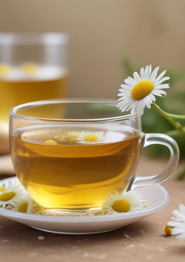 Elegant close-up of a steaming cup of chamomile tea with soft cream and sage green background