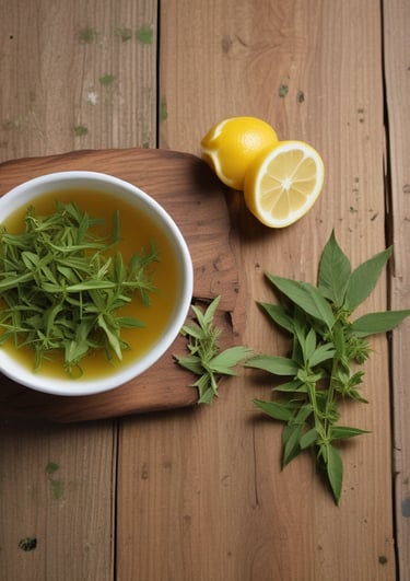 Minimalist photo of lemon verbena leaves beside a warm beige ceramic teacup