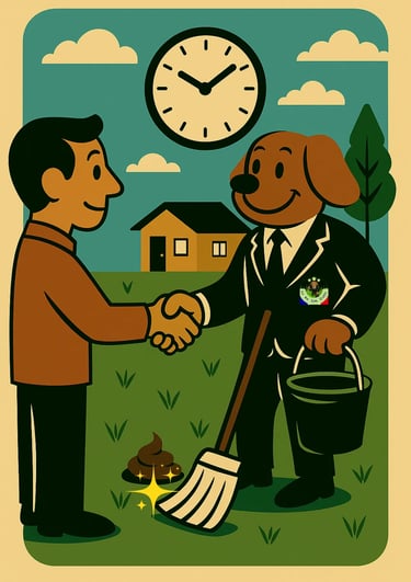 Notre mascotte La Vie Sans Crotte sert la main d'un client pour convenir d'un rendez-vous.