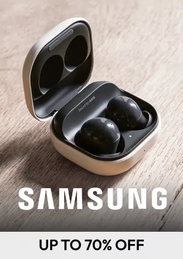 Black Samsung Galaxy Buds in an open charging case on a wooden surface with a 70% off sale banner.