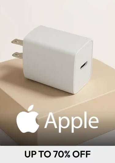 White Apple USB-C wall charger adapter on display for a 70 percent off sale.