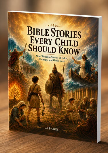 Bible Stories Every Child Should Know book cover featuring David and Goliath, Moses, and Jesus.