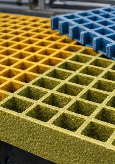 FRP GRP molded fiberglass grating panels with non slip surface texture in an industrial setting.