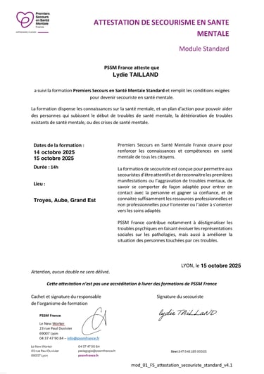 attestation de secouriste en santé mentale de Lydie Tailland