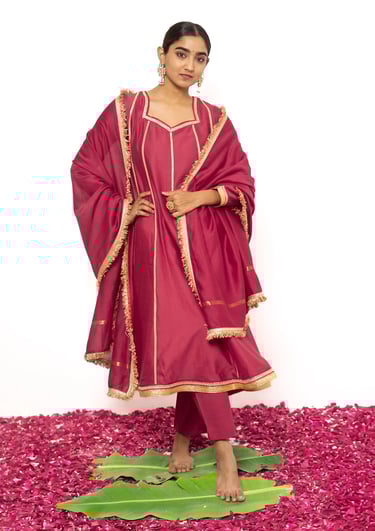 SajNaari Cherry Red Chanderi Anarkali Kurta set with Dupattas