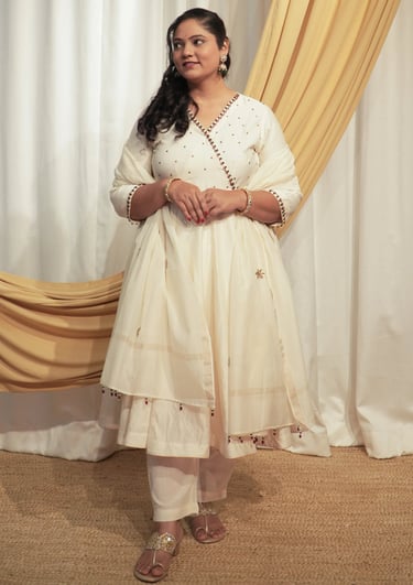 SajNaari Off white Chanderi Anarkali Kurta set with Dupattas 
