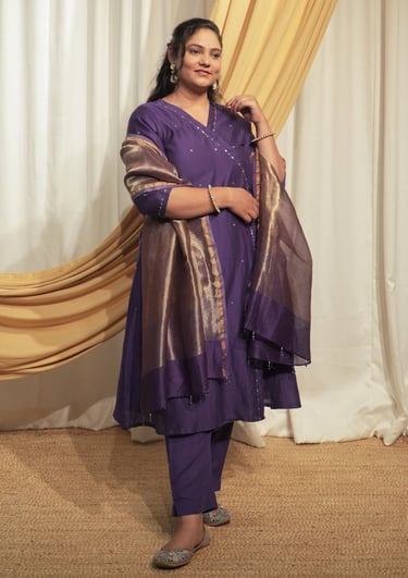 SajNaari Purple Chanderi A-line Kurta set with Dupattas  