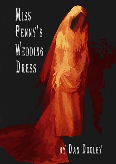 Ghostly figure in a red bridal gown for Miss Penny's Wedding Dress book cover by Dan Dooley.