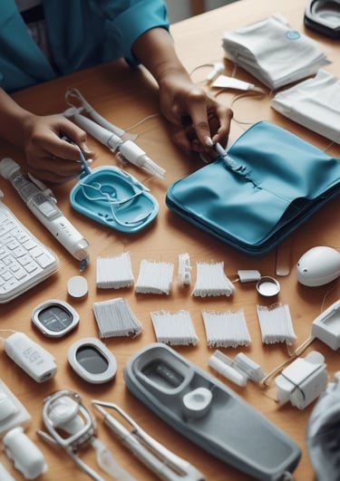 A table with medical supplies including cotton balls, disposable syringes, and hand sanitizers.