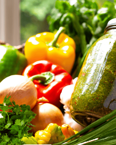 a jar of puerto rican sofrito with vegetables and herbs