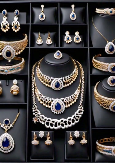 Jewellery collection includes rings, bangles, bracelets, earrings, jhumkas, bridal sets, tikka etc